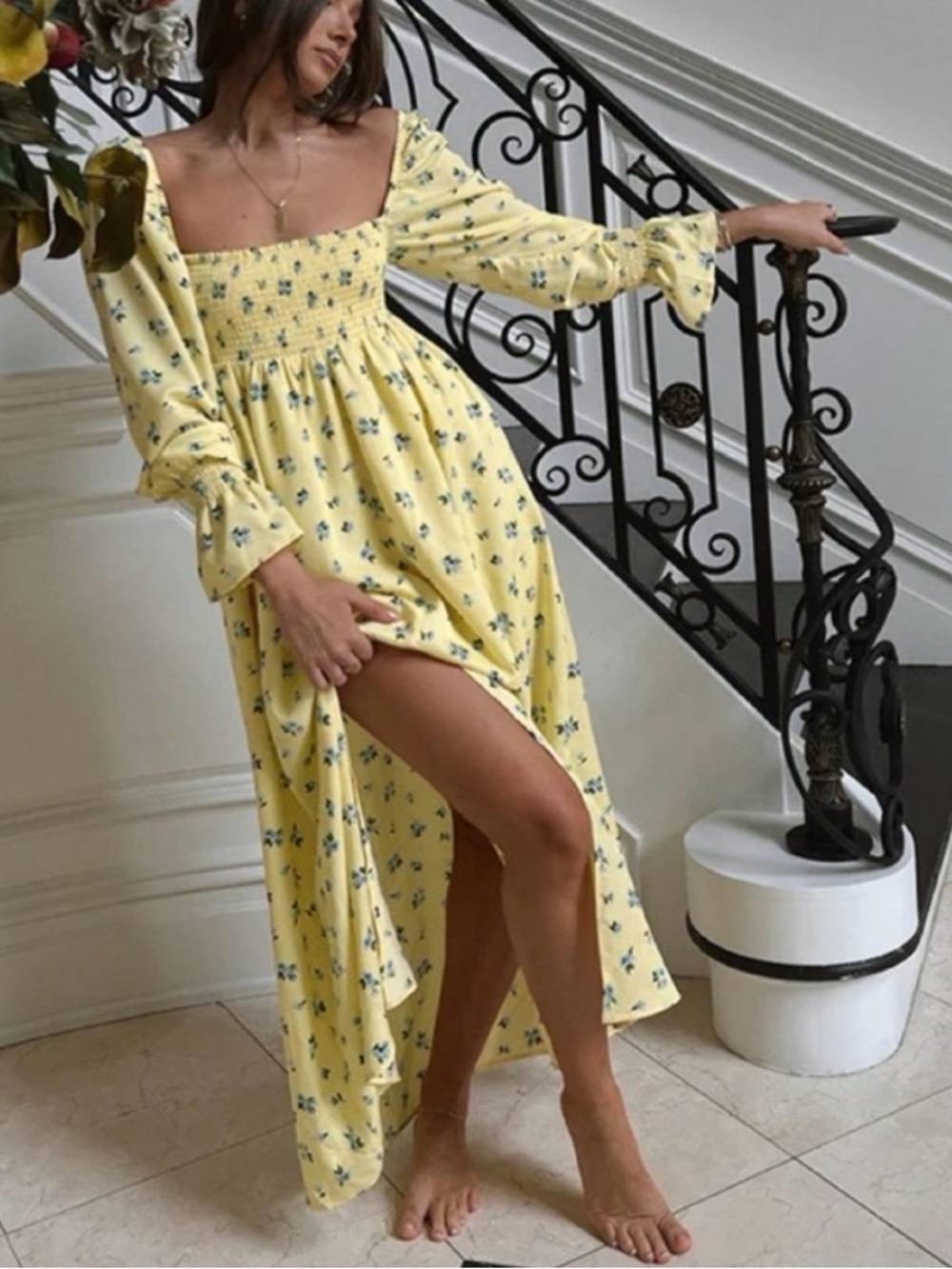 WeWoreWhat Yellow Blue Floral Smocked Cottage Milkmaid Maxi Dress Womens Small